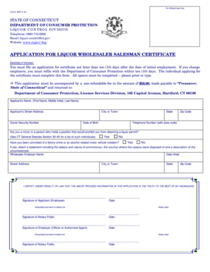 Liquor Wholesaler Salesman Certificate Application
