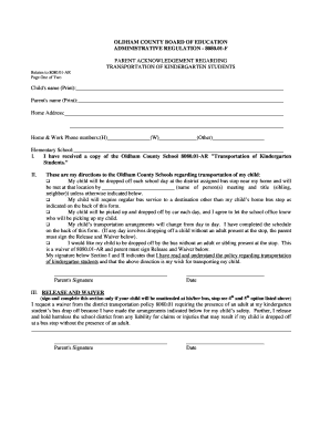 Parent Acknowledgement Regarding Transportation of Kindergarten Students