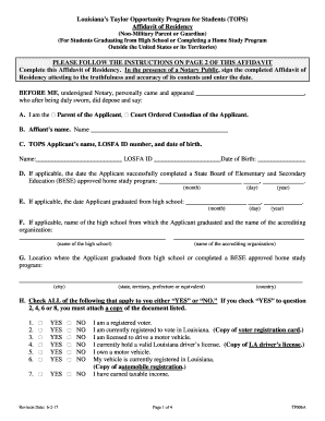 Louisiana TOPS Affidavit of Residency