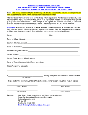 New Jersey Adult Student Transcript Request Form