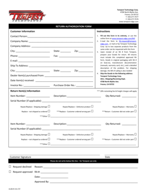 Tempest Technology Return Authorization Form