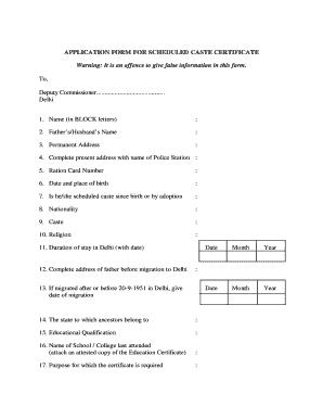 Application Form for Scheduled Caste Certificate