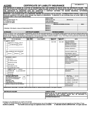 Certificate of Liability Insurance