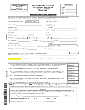 Mississippi Board of Nursing Licensure by Examination Application