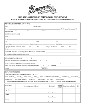 2010 Atlanta Braves Temporary Employment Application