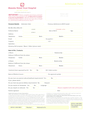 Download our Admission Form - Manuka Street Hospital - manukastreet org