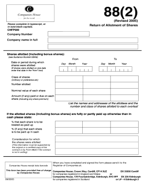 UK Return of Allotment of Shares Form 88(2)