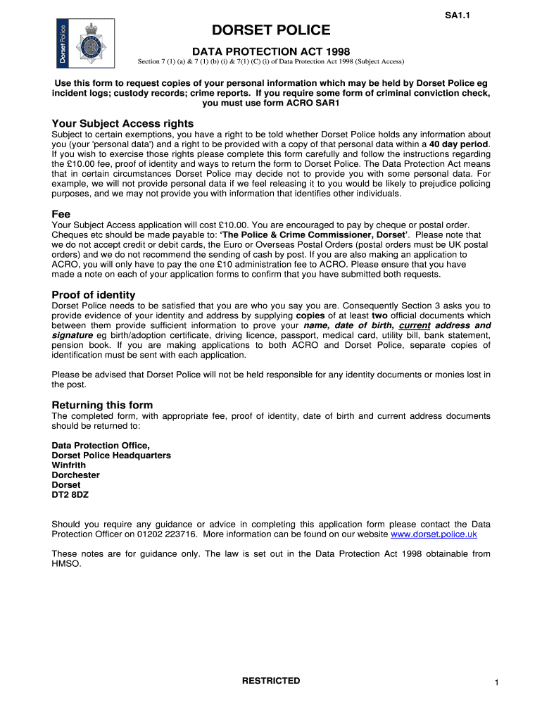 Fillable Online dorset police Subject Access Form SA1 1 - Dorset Police ...