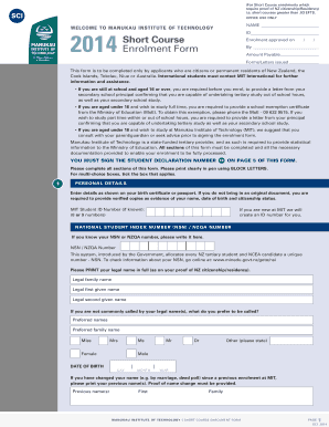 Manukau Institute of Technology Short Course Enrolment Form