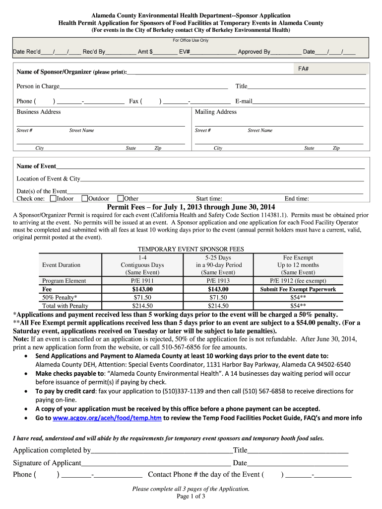 Fillable Online co alameda ca Temporary Events Sponsor Application