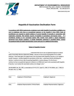Hepatitis B Vaccination Declination Form