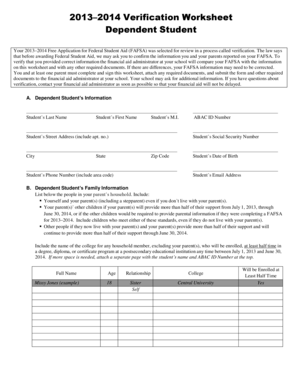 2013–2014 Verification Worksheet