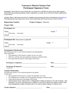 Vancouver District Science Fair Participant Signature Form
