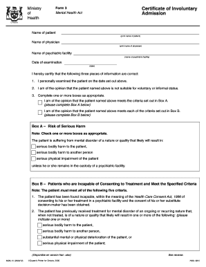 Ministry Form 3 Certificate of Involuntary Mental Health Admission