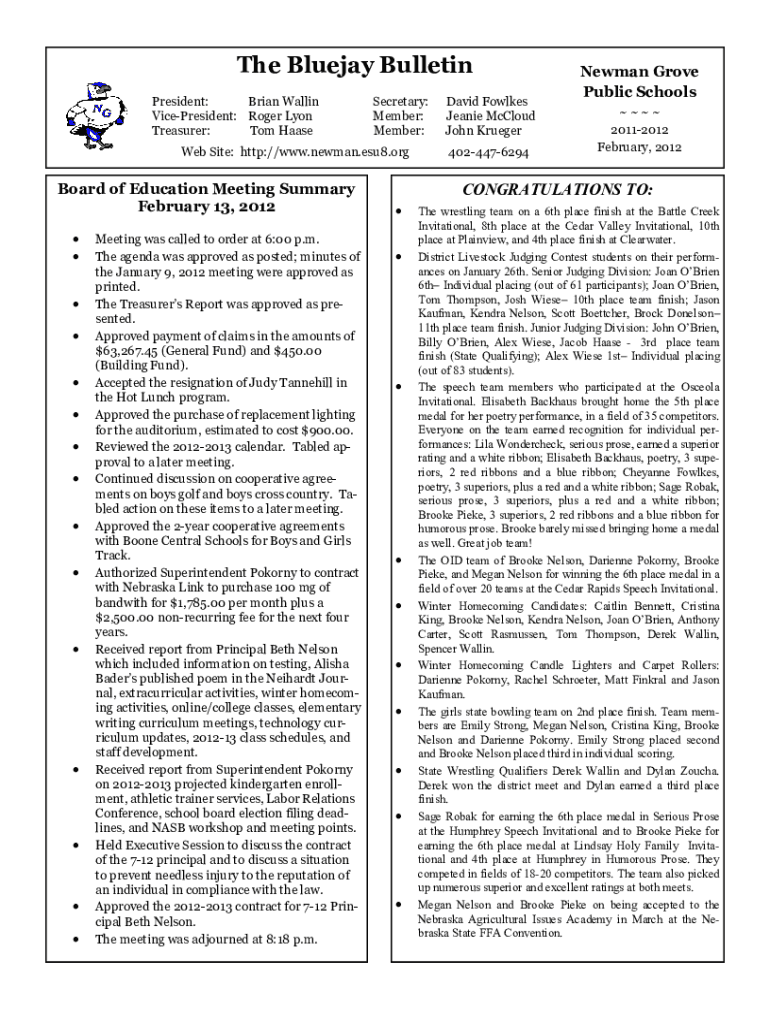 Fillable Online The Bluejay Bulletin Newman Grove Public Schools