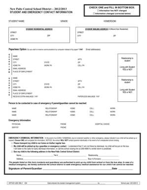 Student Emergency Contact Information Form
