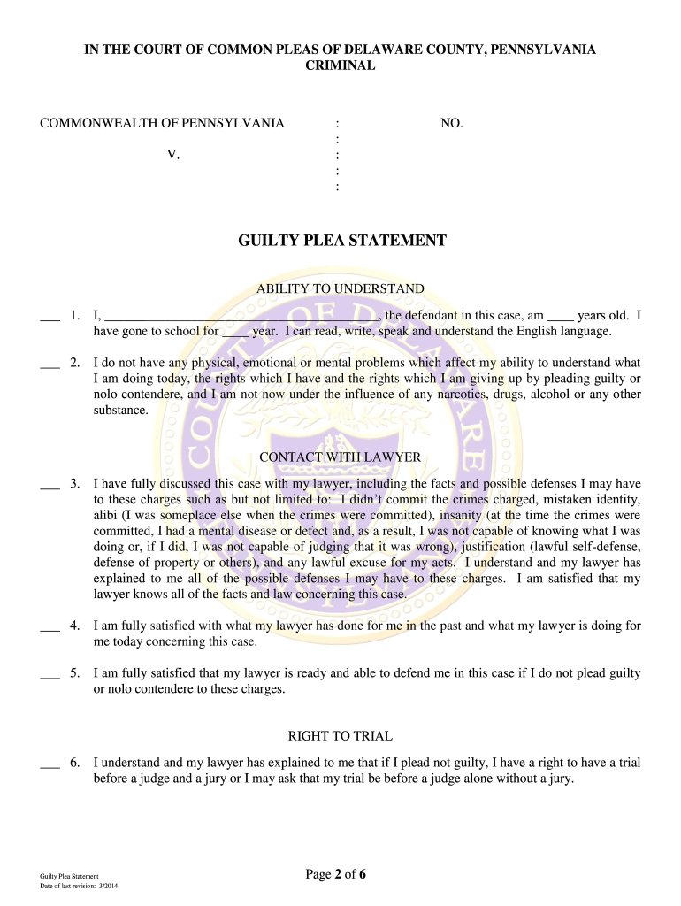 pennsylvania plea statement form Preview on Page 1.