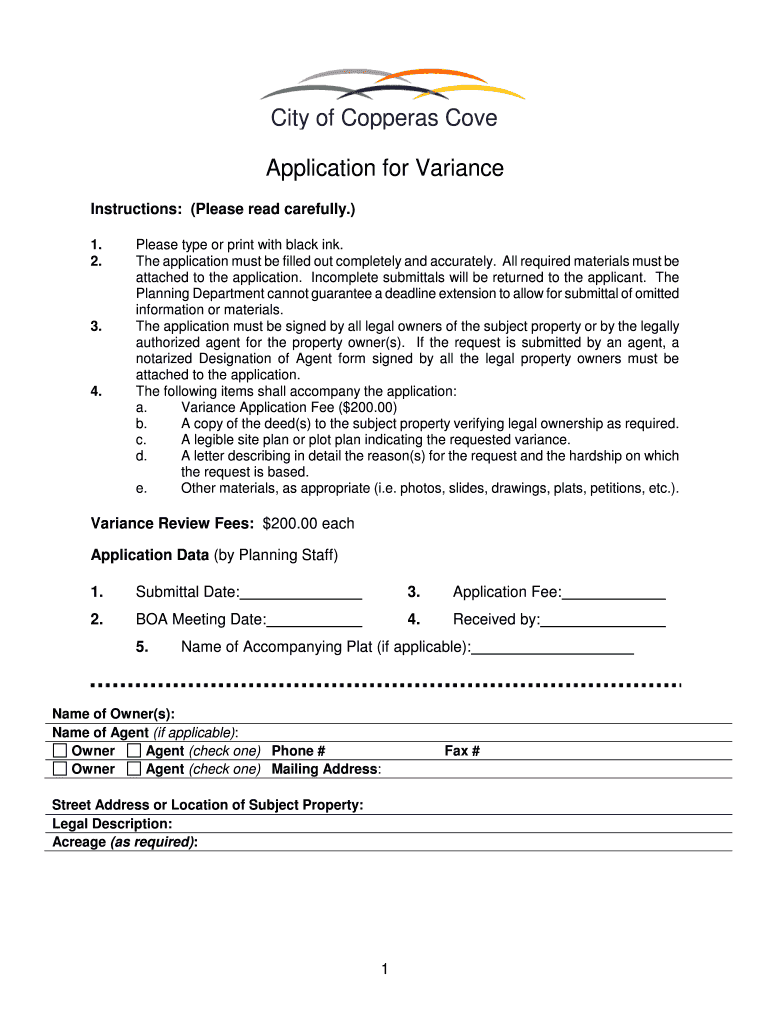 Fillable Online City of Copperas Cove Application for Variance Fax ...