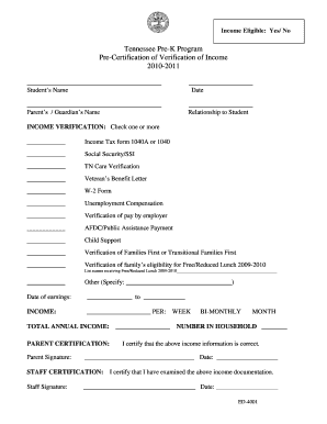 Tennessee Pre-K Income Verification Form