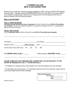 Meal Plan Change form - Lycoming College - lycoming