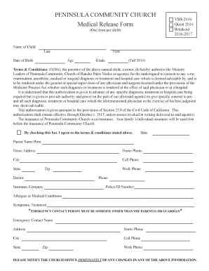 VBS 2016 Medical Release Form - peninsulacommunitychurchorg