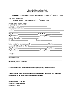 Child medical consent form for travel - Foothills Stingrays Swim Club Travel Medical Information