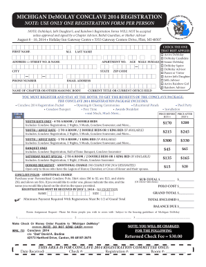 MICHIGAN DeMOLAY CONCLAVE 2014 REGISTRATION NOTE: USE ONLY ONE REGISTRATION FORM PER PERSON NOTE: DeMolays, Jobs Daughters, and Rainbows Registration Forms WILL NOT be accepted unless approved and signed by a Chapter Advisor, Bethel - - - -