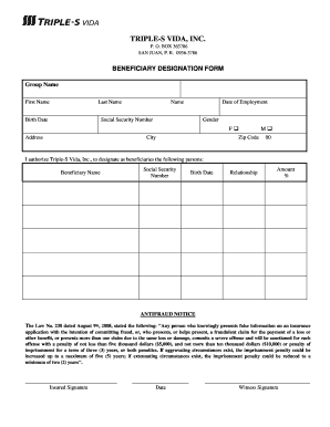 Fillable Online BENEFICIARY DESIGNATION FORM - Triple-S ...