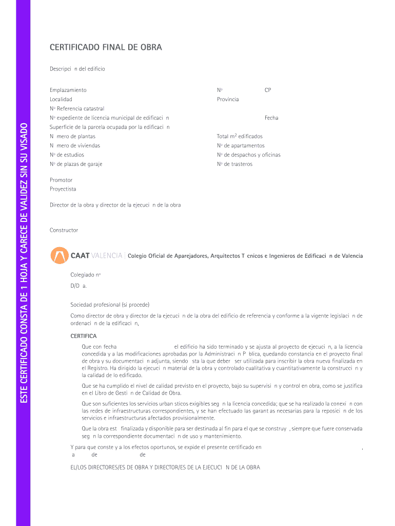 Certificado final de obra este certificado consta de 1 hoja y carece de Vista previa en la página 1