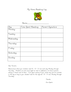 Reading log with parent signature - My Home Reading Log Name Day Time Spent Reading Parent