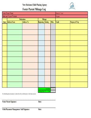 New Horizons Child Placing Agency Foster Parent Mileage Log