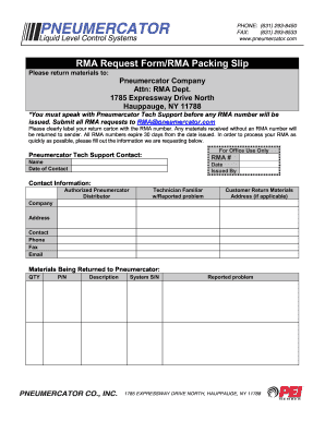 RMA Request FormRMA Packing Slip - Pneumercator