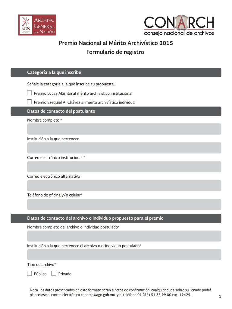 Premio Nacional al Mrito Archivstico 2015 Formulario de Vista previa en la página 1