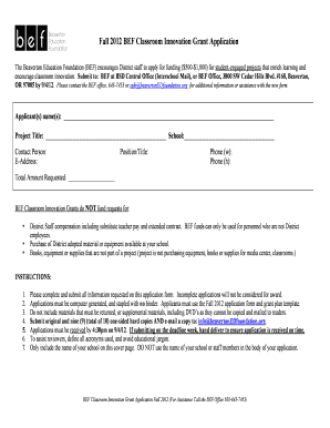Fall 2012 BEF Classroom Innovation Grant Application