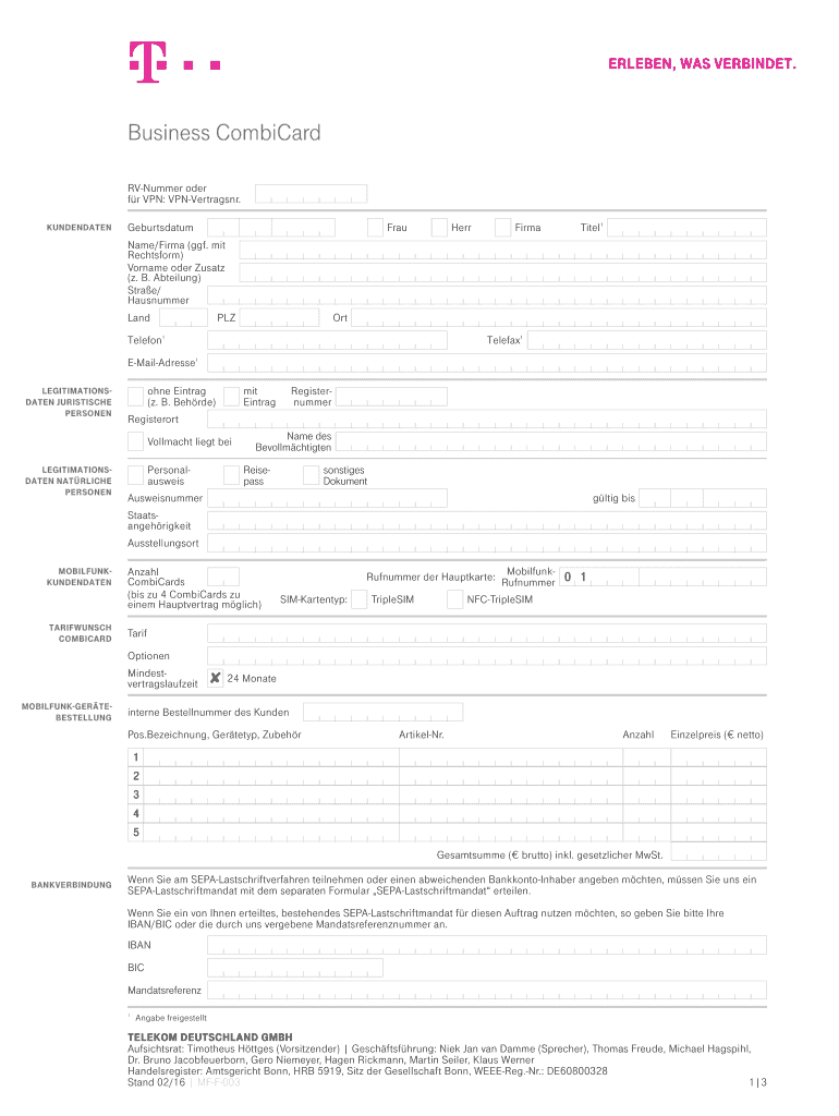 Ausfüllbar Online Business CombiCard - geschaeftskundentelekomde Fax ...