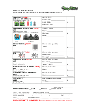 PA Apparel Order Form - Pure Allstars