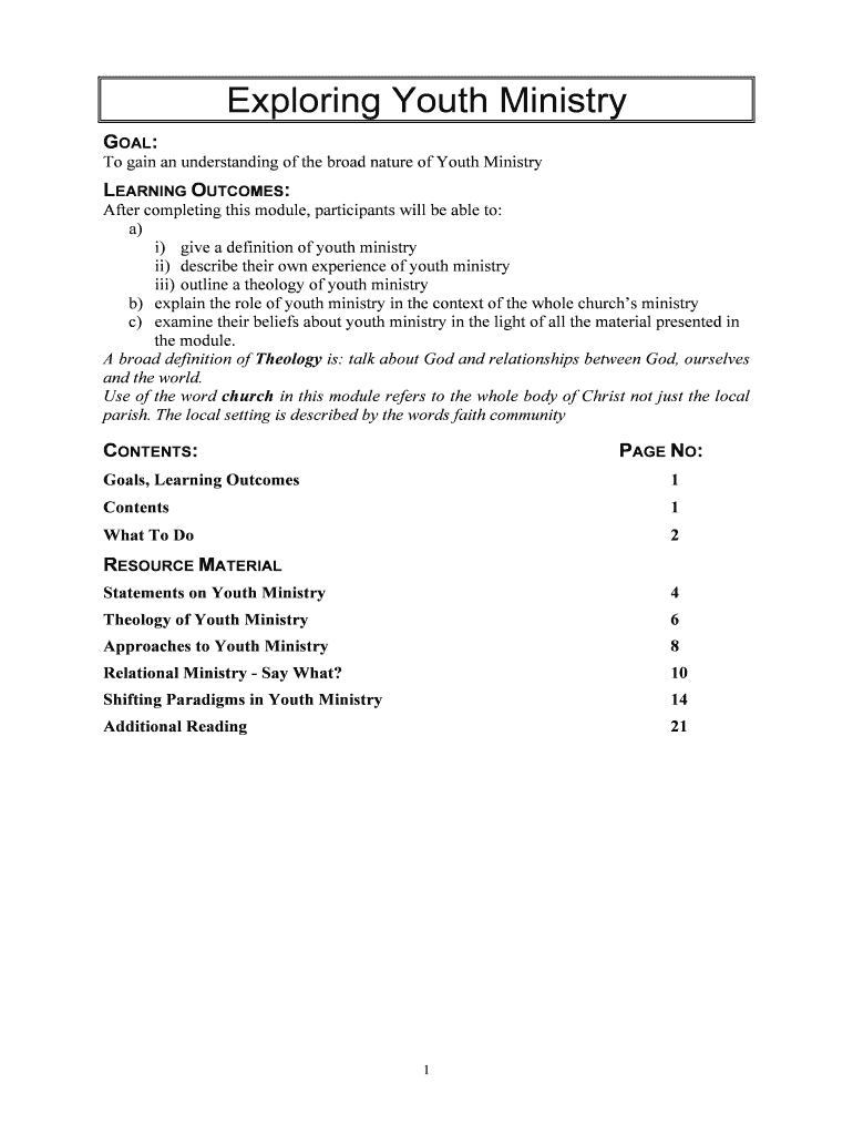 Fillable Online youthministry org Exploring Youth Ministry - Churches ...