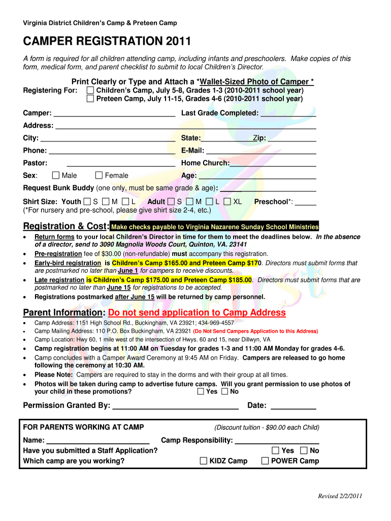 Fillable Online Childrens Camp Preteen Camp CAMPER REGISTRATION 2011