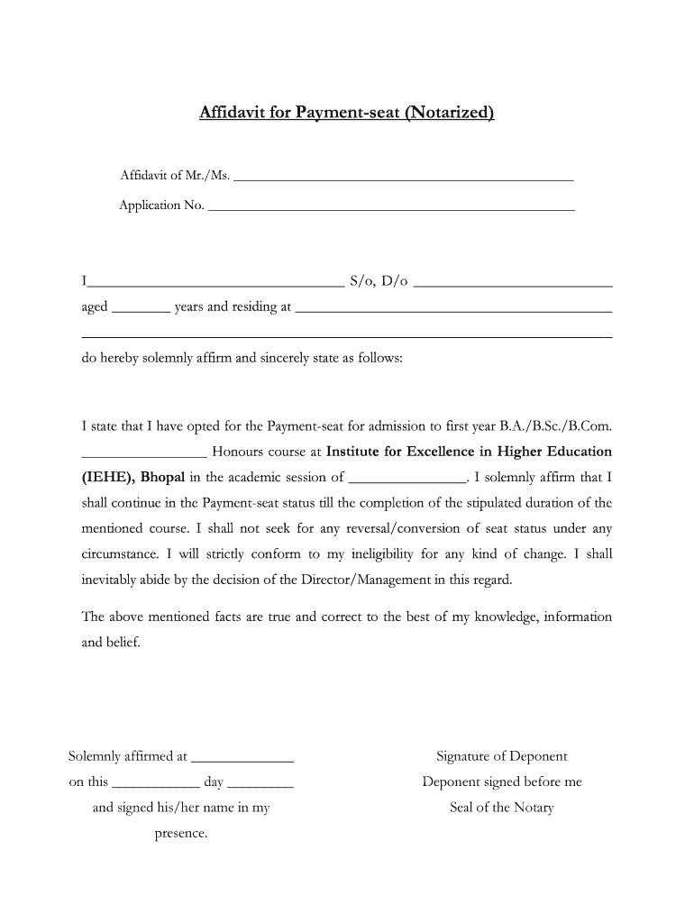 Fillable Online addmission iehe ac Affidavit for Payment-seat ...