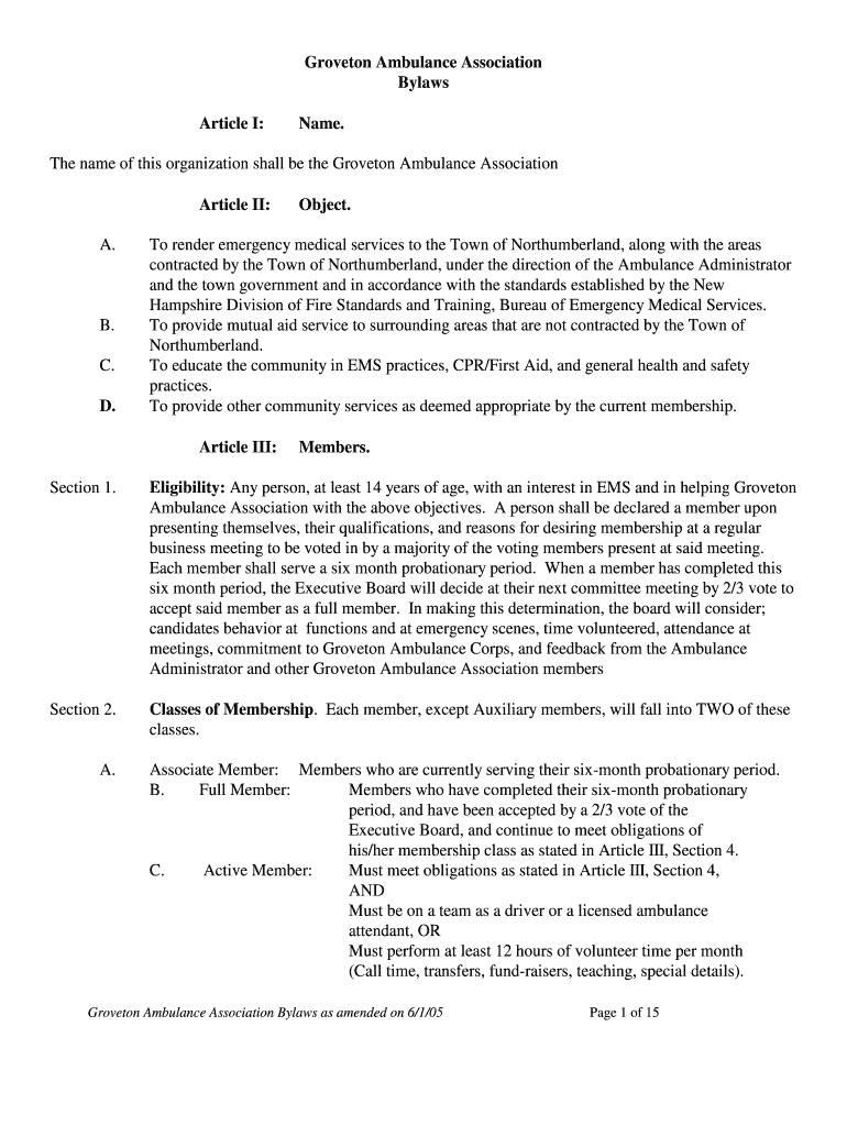 Fillable Online Groveton Ambulance Association Bylaws Article I Name