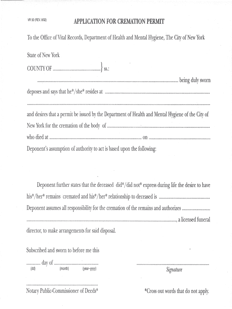 VR 50 REV 802 APPLICATION FORCREMATION PERMIT Preview on Page 1.