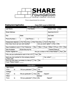 We are a drug and alcohol free work place Employment Application Please PRINT except for SIGNATURE Applicant Information Last Name: First Name: Middle Initial: Street Address: Apartment/Unit # City: State: Phone Number: ( ) Zip Code: Cell