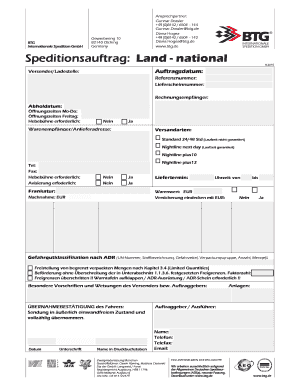 BTG Germany Freight Forwarding Order Form
