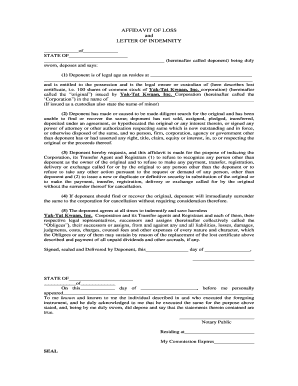 Affidavit of Loss and Letter of Indemnity Form