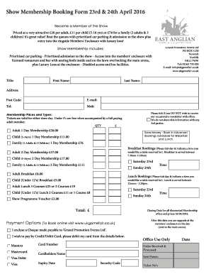 Show Membership Booking Form 23rd amp 24th April 2016