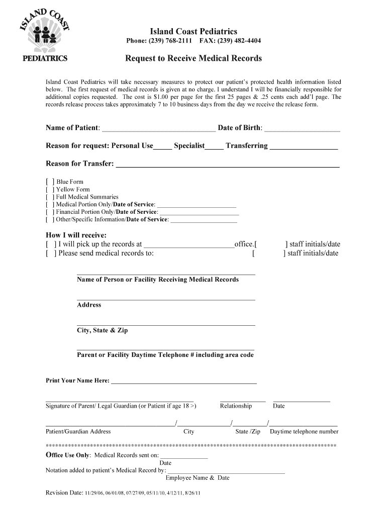 Fillable Online Request to Receive Medical Records Island Coast