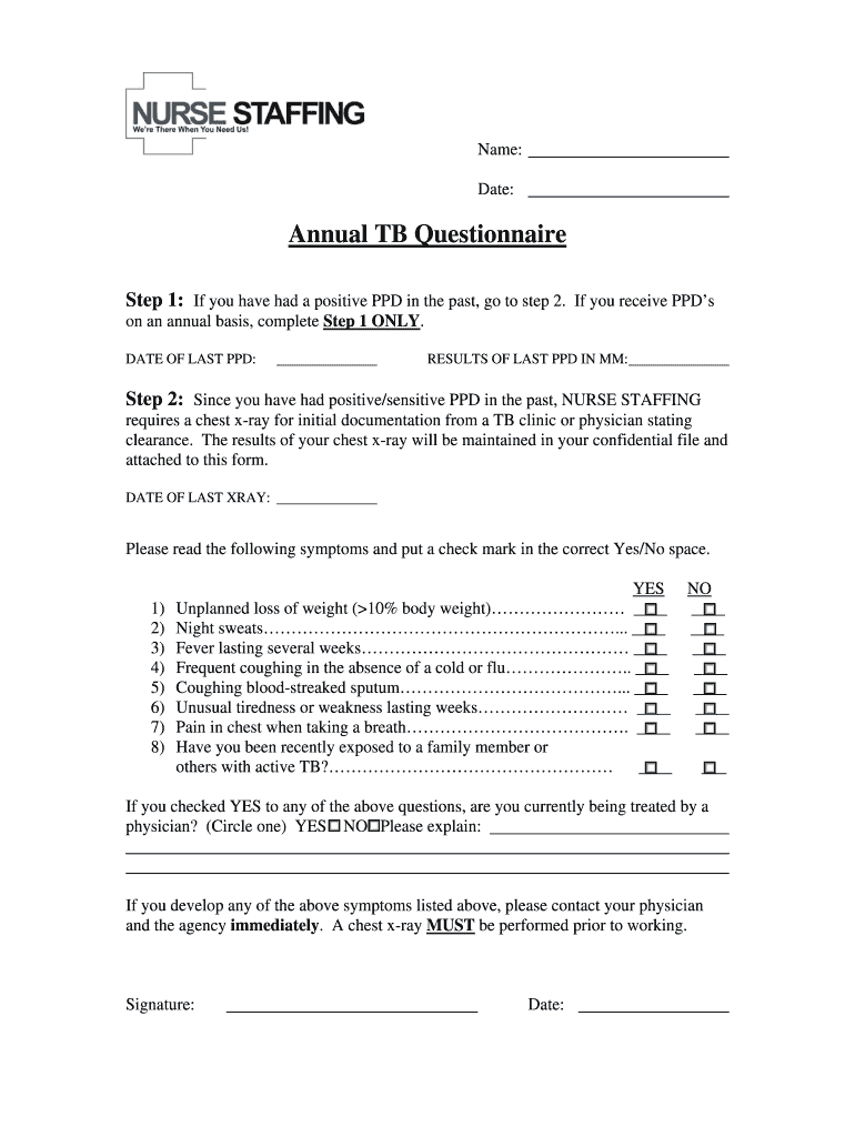 Fillable Online nursestaffing Annual TB Questionnaire
