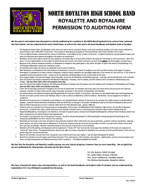 NORTH ROYALTON HIGH SCHOOL BAND ROYALETTE AND ROYALAIRE PERMISSION TO AUDITION FORM We the parent and student have discussed as a family auditioning for a position in the NRHS Marching Band Front, and we have reviewed the items below, and