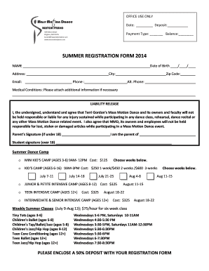 OFFICE USE ONLY Date: Deposit: Payment Type: Balance: SUMMER REGISTRATION FORM 2014 NAME Date of Birth / / Address: City: Zip Code: Email: Phone : Alt