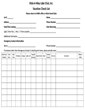 fillable online vacation checklist hide a way lake fax email print